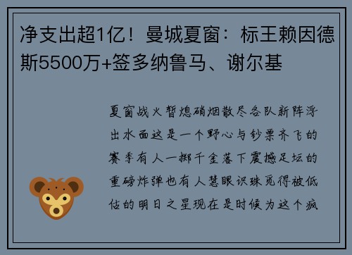 净支出超1亿！曼城夏窗：标王赖因德斯5500万+签多纳鲁马、谢尔基