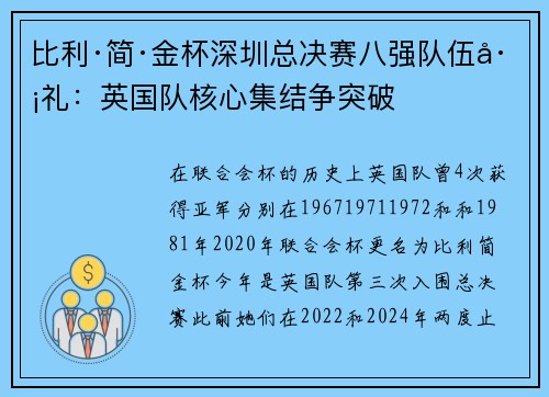 比利·简·金杯深圳总决赛八强队伍巡礼:英国队核心集结争突破 比利·简·金杯深圳总决赛八强队伍巡礼:英国队核心集结争突破